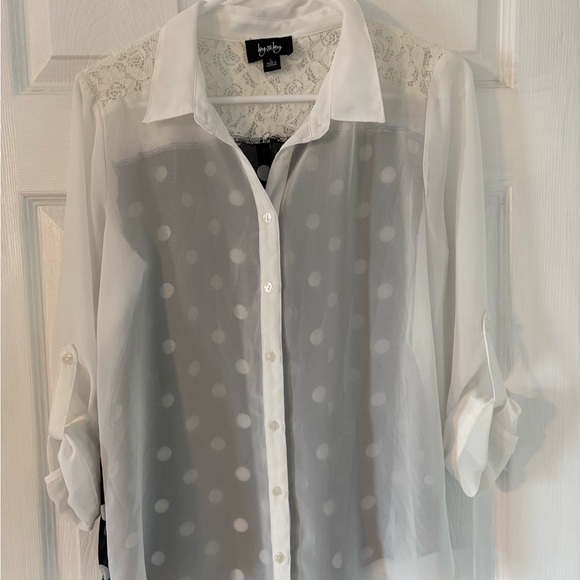 Sheer White Blouse Lace Yoke Polka Dot Back Button Front Roll Sleeve Top Women L - Picture 10 of 10